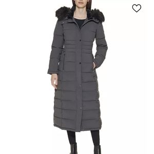 Calvin Klein Faux-Fur-Trim Hooded Maxi Puffer Coat in Titan